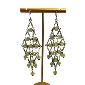 Vintage Y2K Lee Angel Silver Green Beaded Chandelier 3” Drop Earrings
